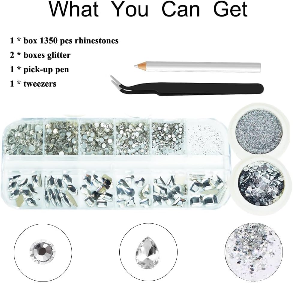 3 Boxes Silver Nail Rhinestones with Fine Glitters Kit, 60Pcs Big Assorted Silver Nail Gems with S6-S16 Flatback Round Stones,Crystals Nail Gem Stones for Faces Body DIY Crafts-Velvo Beauty