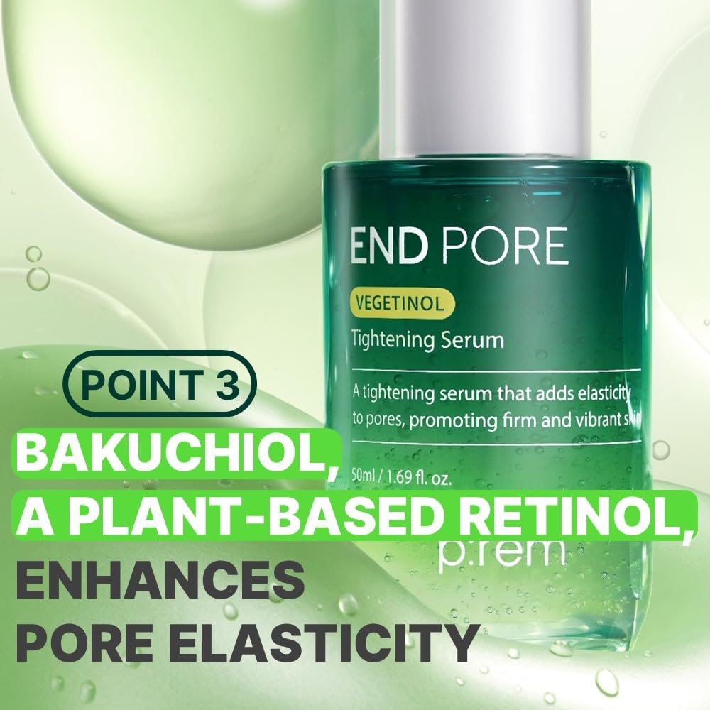 MAKE P:REM End Pore Vegetinol Tightening Serum, Pore Tightening Bakuchiol Serum with Vegan Collagen and Vitamin B Complex for Sensitive Skin, Korean Skin Care, 1.69 Fl. Oz, 50ml-Velvo Beauty