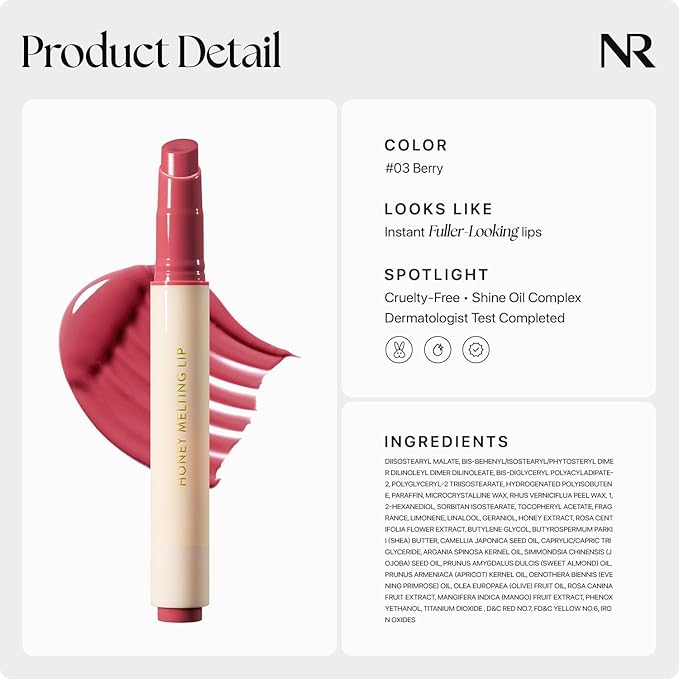 Nature Republic HONEY MELTING LIP (03 BERRY) SOFT LIP STICK, Hydrating Gloss, Moisturizing balms, Sheer tint, Shine & Glowy Finish, korean make up-Velvo Beauty