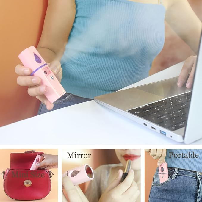Nano Facial Mister Portable Mist Sprayer with Mirror Mini Cool Mist Spray for Skin Care & Facial Body Moisturized & Eyelash Extensions, USB Rechargeable (Pink)-Velvo Beauty