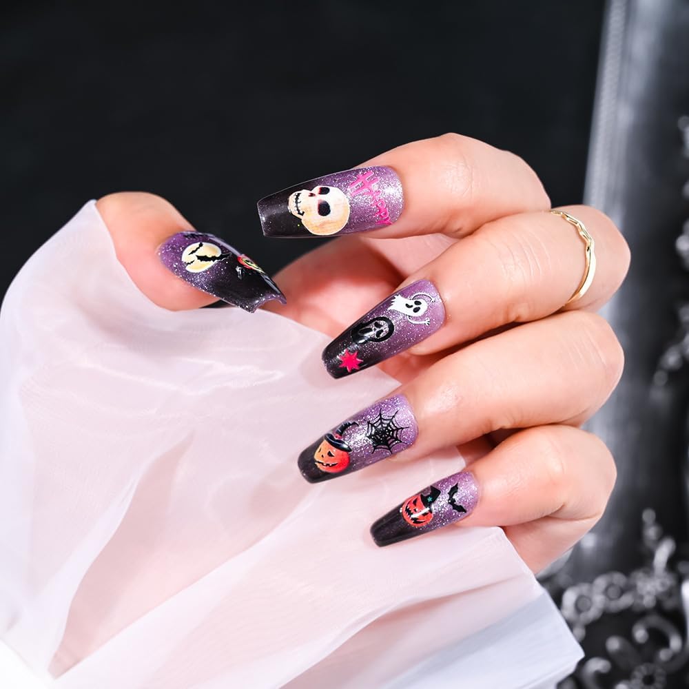 30 Sheets Halloween Nail Stickers Pumpkin Ghost Face Nail Charms Decals 3D Self Adhesive Spider Web Cat Bat Manicure Art Sticker for Acrylic Nails DIY Decorations-Velvo Beauty