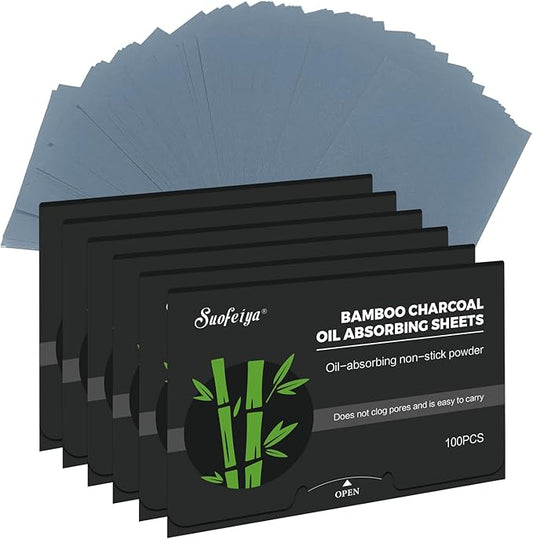 Natural Bamboo Charcoal Oil Absorbing Tissues - 6pk/600 Oil Blotting Sheets For Face, Oil Control Film, Oil Absorbing Sheets, Makeup Friendly-Velvo Beauty