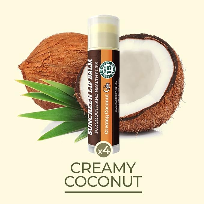 SPF Lip Balm 4-Pack by Earth's Daughter - Lip Sunscreen, SPF 15, Organic Ingredients, Coconut Flavor, Beeswax, Coconut Oil, Vitamin E - Hypoallergenic, Paraben Free, Gluten Free, New-Velvo Beauty