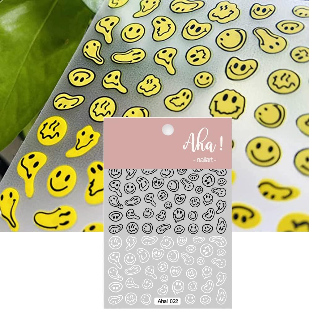 Smiling Face Nail Art Stickers 3D Nail Decals Cute Self-Adhesive Nail Stickers Yellow Black and White Twisted Smiling Face Nail Supplies for Women Girls Kids Nail Decorations-Velvo Beauty