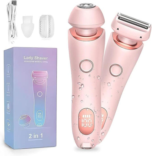 Livora Electric Shaver for Women,2 in 1 Wet & Dry Painless Hair Removal with 2 Removable Heads,Rechargeable Cordless Womens Razor for Bikini,Legs,Arms,Underarm Area,IPX7 Waterproof(Pink)-Velvo Beauty