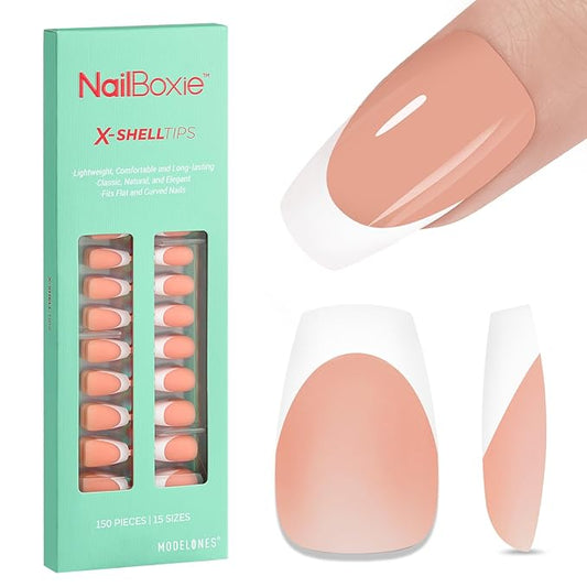 modelones French Tip Press on Nails, 150Pcs Short Coffin Fake Nails with Nail Box, Deep Nude Gel Nail Tips for Women, Soft Glue-On Nails for Natural Salon Look, DIY Nail Art Kit (15 Sizes)-Velvo Beauty
