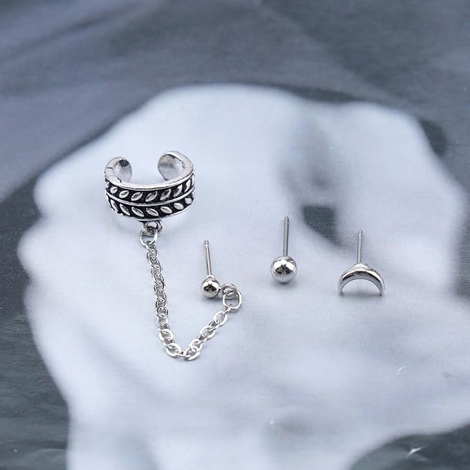 Bohemia Moon Cuff Chain Earrings Silver Chain Climber Dangle Earrings Tassel Chain Cartilage Earrings Chain Drop Dangle Earrings Set for Women and Girls-Velvo Beauty