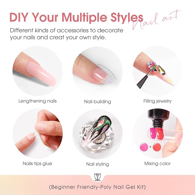 ROSALIND 8PCS Poly Nail Gel Kit with Mini Nail Lamp Clear Nude Purple Brown Poly Extension Gel Kit Mini Starter Kit-Velvo Beauty