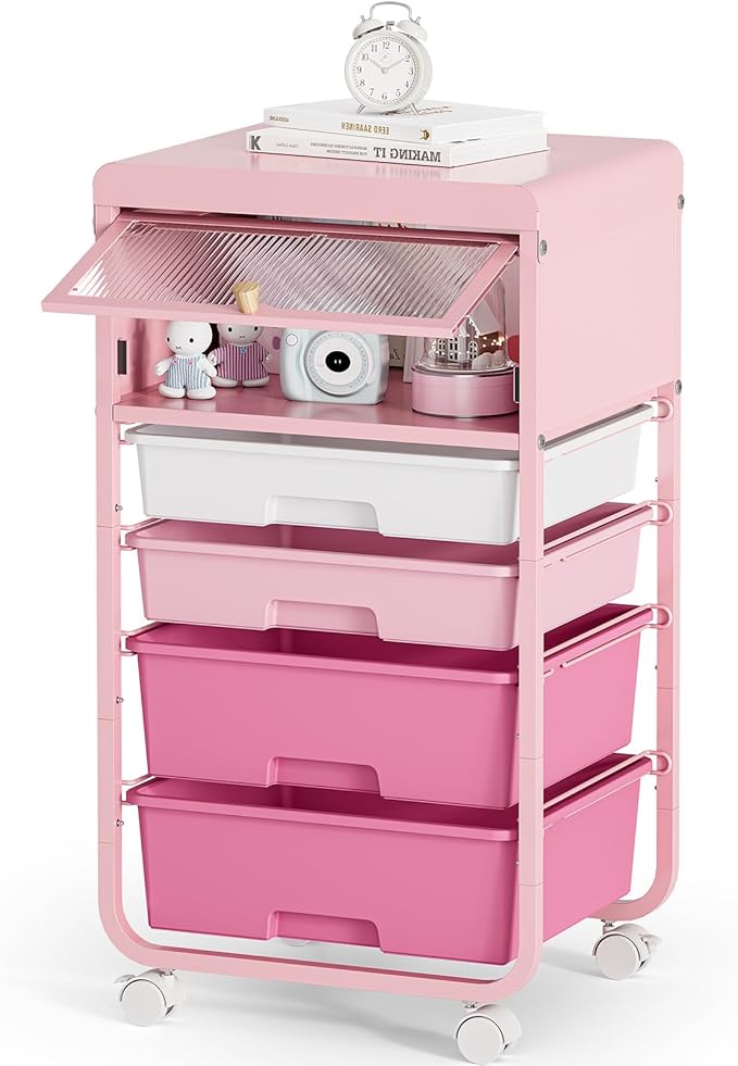 Utility-Rolling-Storage-Drawer-Craft-Cart-Organizers with 4 Drawers & Dust-Proof Door for Kid Craft Art Room,Bedroom,Home Office, Classroom, Rose Pink-Velvo Beauty