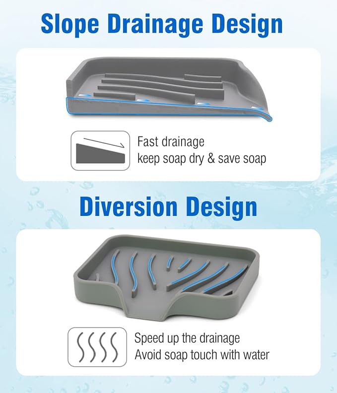 3-Pack Silicone Soap Dish, Sponge Holder for Sink, Kitchen Soap Tray, Bathroom Soap Holder, Sponge Tray with Drain (Grey)-Velvo Beauty