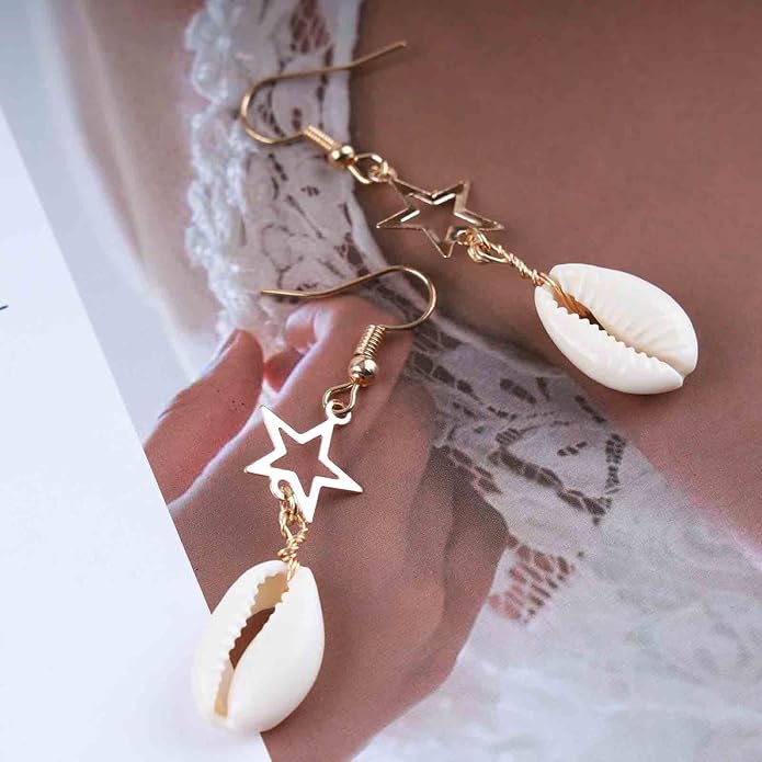 Vintage Cowrie Drop Earrings Puka Shell Dangle Earrings Gold Star Dangling Earrings Hollow Star Earrings Jewelry for Women-Velvo Beauty