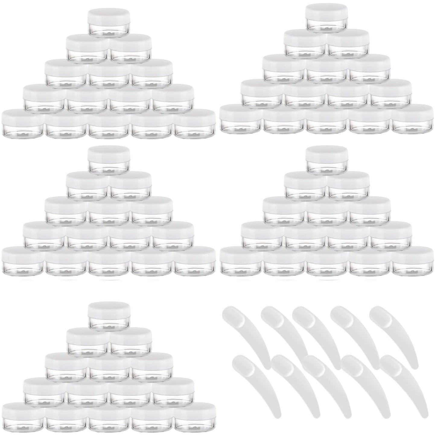 Refillable Cosmetic Sample Jars - 100 Pack 10g (0.35oz) White Small Travel Containers with Lids + 10 Mini Makeup Spatulas - BPA Free-Velvo Beauty