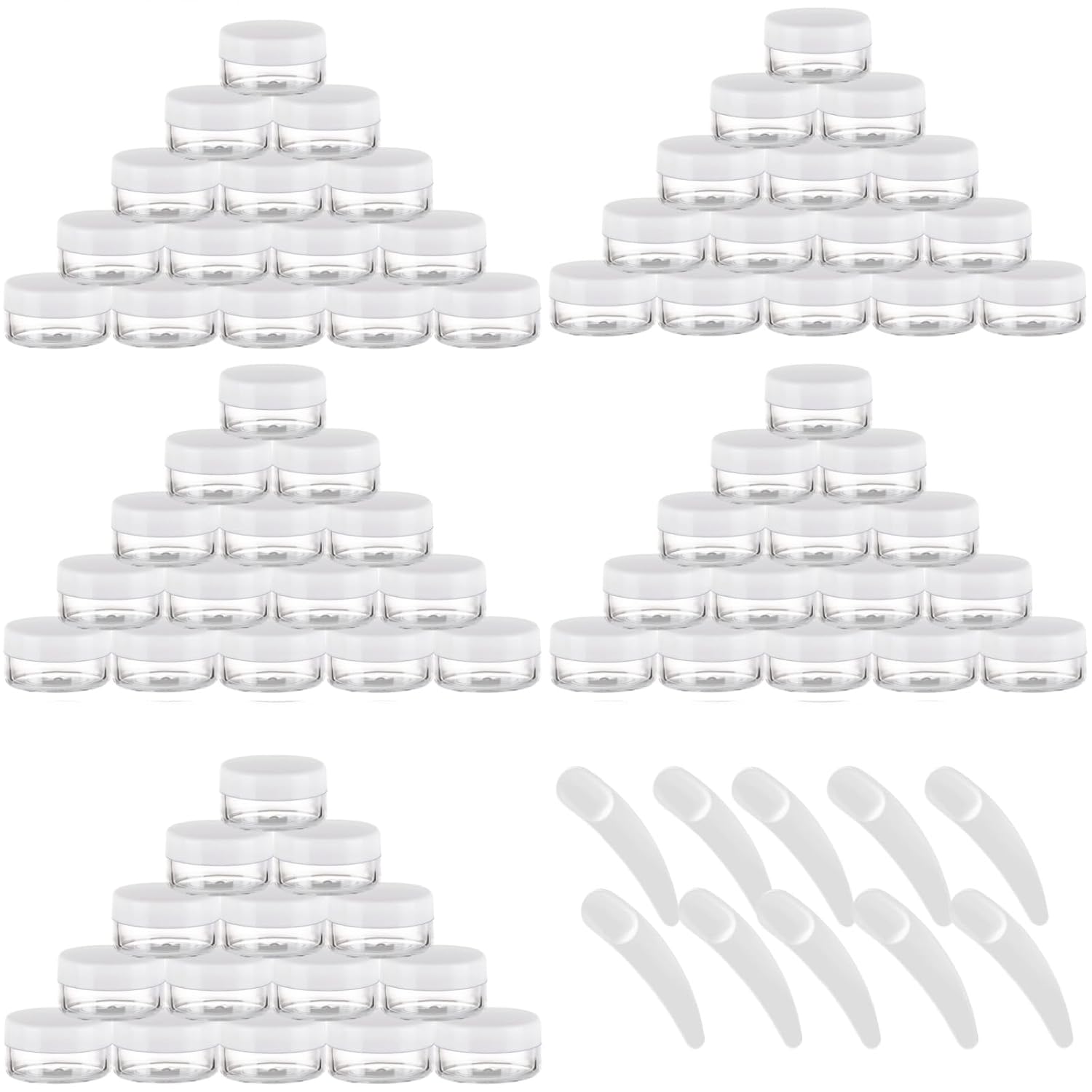 Refillable Cosmetic Sample Jars - 100 Pack 10g (0.35oz) White Small Travel Containers with Lids + 10 Mini Makeup Spatulas - BPA Free-Velvo Beauty