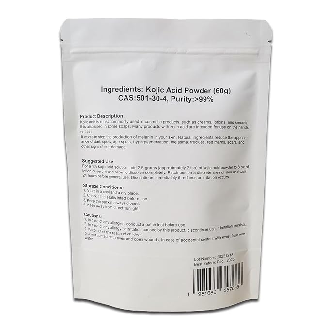 MAYKER Pure Kojic Acid Powder 2.1oz (60gram), Skin Whitening Lightening, Natural and Organic, High Purity 99.9%, Diminishes the Appearance of Dark Spots, Freckles & Scars, for DIY Soaps, Creams-Velvo Beauty