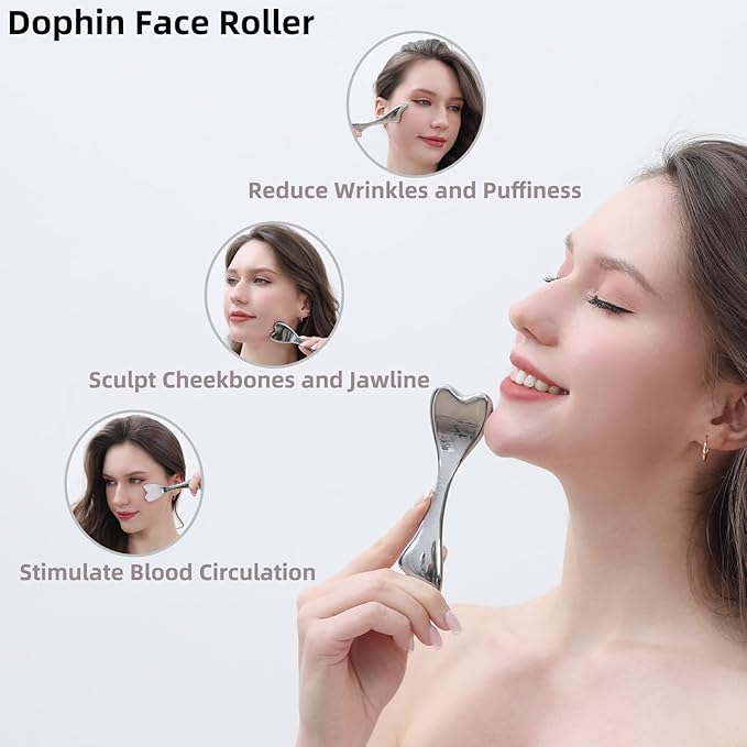 Stainless Steel Gua Sha & Face Roller, 3-in-1 Dolphin Facial Roller for Esthetician Supplies Women Gift, Skin Care Tool for Puffiness, Wrinkles, Dark Circles (1 Pc)-Velvo Beauty