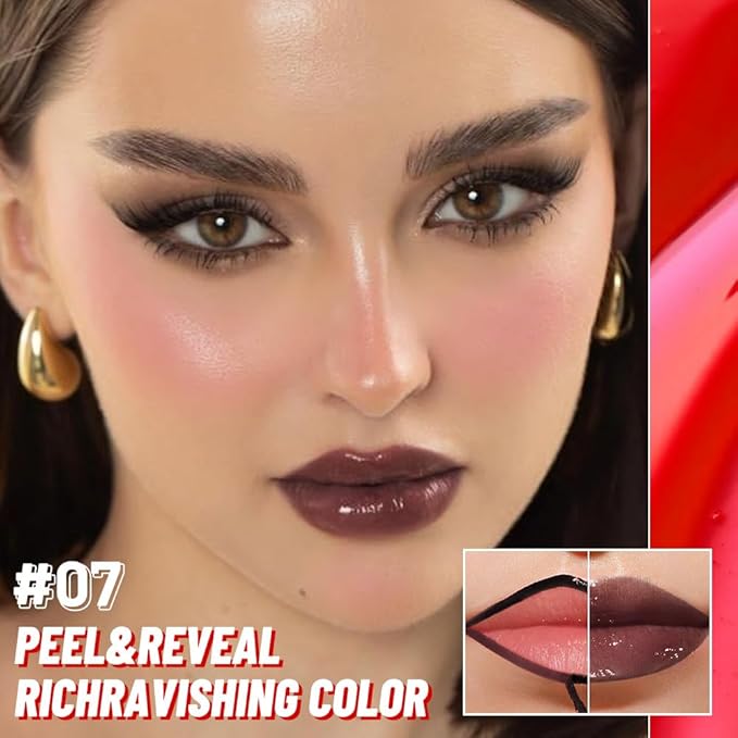 Maroon Lip Stain Peel Off Lip Gloss oil Dual-Ended Combo, Lips Liner Stain Peel Off Tattoo, Long Lasting & Waterproof, Transfer-Proof Lip Tint Stain with Lip oil for All Skin Type 07#-Velvo Beauty