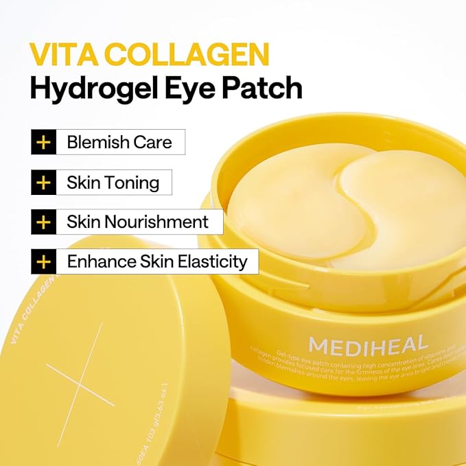 Mediheal Vita Collagen Under Eye Patches for - Korean Hydrogel Eye Pads (60 patches) with 7 Vitamin & 5 Micro Collagen. Moisturizng & Non Irritating Eye Gel Mask. Sealing Cap Included.-Velvo Beauty