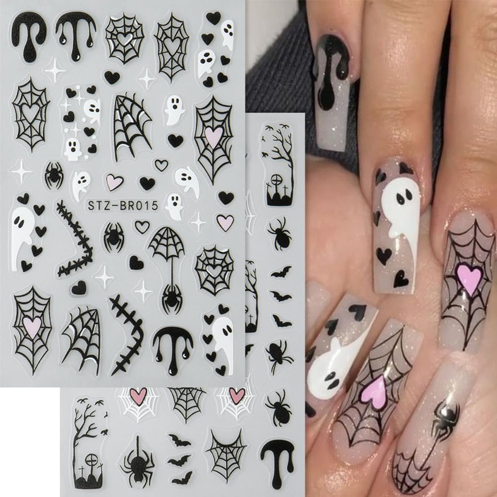 4sheets Halloween Nail Stickers 3D Self-Adhesive Ghost Nail Art Stickers - Black Spider Bat Decals with Heart Spider Web Blood Droplets Design for Women DIY Holiday Nail Decoration-Velvo Beauty