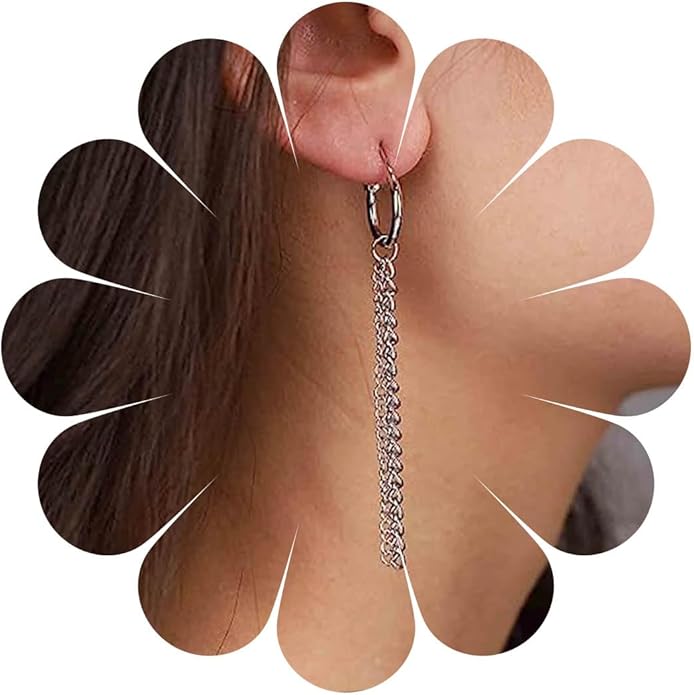 Vintage Layered Chain Dangle Earrings Long Chain Hoop Huggie Earrings Silver Curb Chain Stud Earrings Tassel Chain Drop Earrings Jewelry for Women-Velvo Beauty