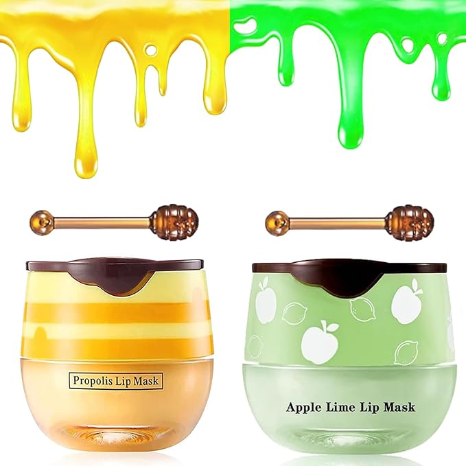 2 PCS Bee Lip Balm Honey Pot, Honey & Apple Lime Sleeping Lip Mask Overnight, Hydrating Prevention Dry and Cracked Lip Scrub, Reduces Lip Lines, Brightening Lip Color-Velvo Beauty
