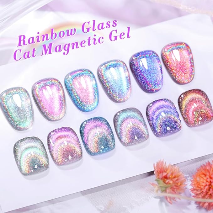 Born Pretty Magnetic Gel Nail Polish Holographic Glass Cat Magnetic Eye Gel Polish Nail Gel Soak Off Nail Art Salon Manicure Collection Gift 6pcs-Velvo Beauty