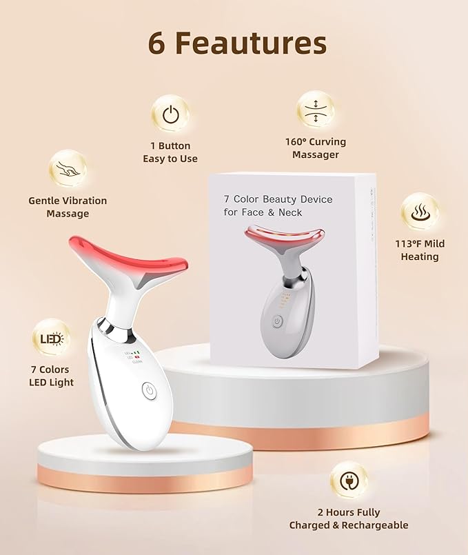 7 Color Face and Neck Massager Light Therapy, Red Light Based Facial Massager for Skin Care, Firming, Smoothing (White)-Velvo Beauty