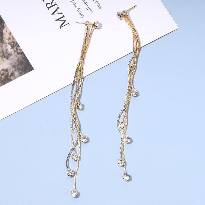 Boho Cz Tassel Chain Earrings Gold Drop Crystal Earrings Long Chain Dangle Earrings Rhinestone Linear Chain Earrings Sparkle Crystal Wedding Earrings Jewelry for Women and Girls-Velvo Beauty