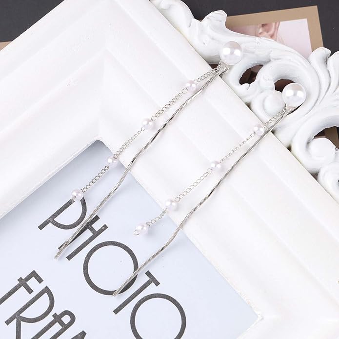 Vintage Pearl Dangle Earrings Long Pearl Chain Earrings Silver Pearl Tassel Drop Earrings Tiny Pearl Bridal Earrings Jewelry for Women-Velvo Beauty