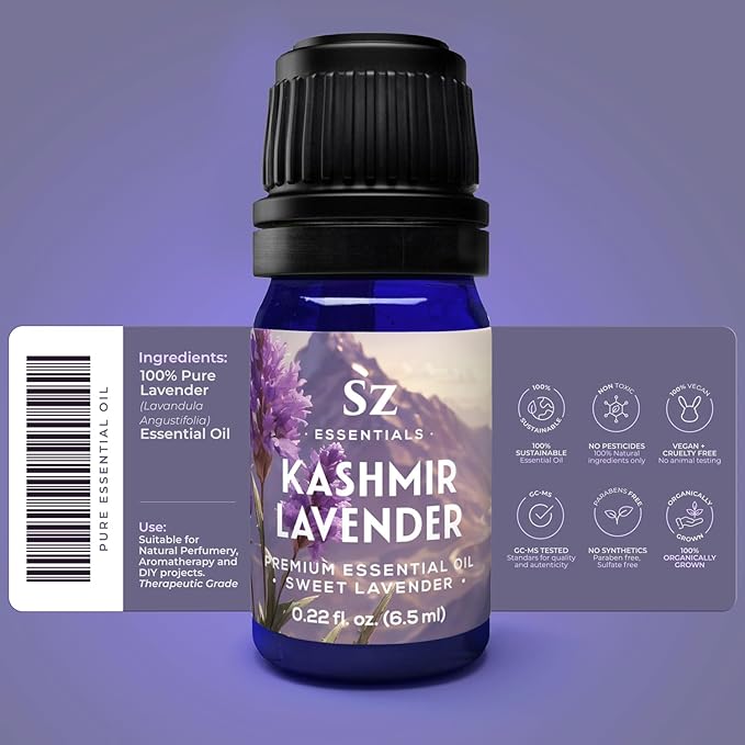 Kashmir Lavender Essential Oil – 100% Pure & Undiluted – Sweet Floral Scent for Relaxation, Aromatherapy, Self-Care, Natural Perfumery – Vegan & Therapeutic – 0.22 fl oz (6.5 mL)-Velvo Beauty