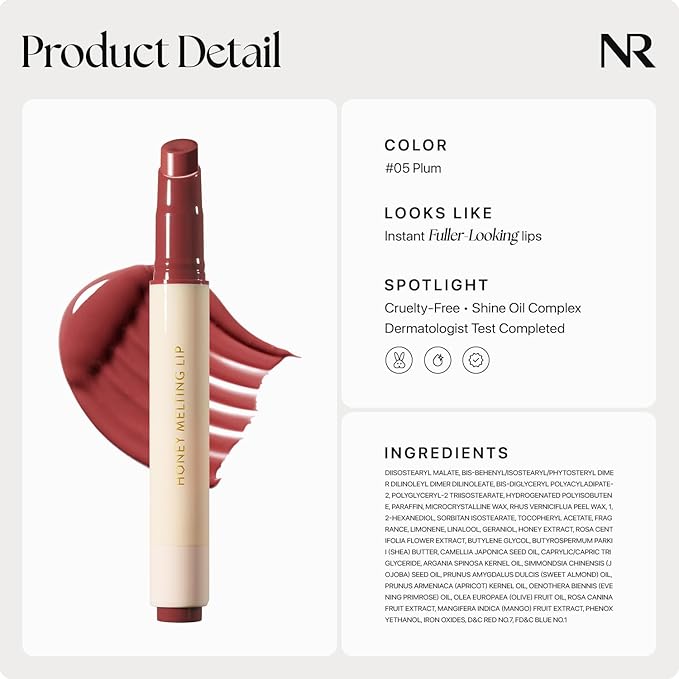 Nature Republic HONEY MELTING LIP (05 PLUM) SOFT LIP STICK, Hydrating Gloss, Moisturizing balms, Sheer tint, Shine & Glowy Finish, korean make up-Velvo Beauty