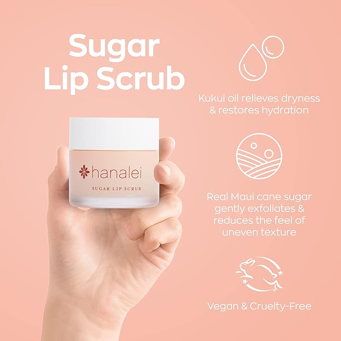 Hanalei Vegan and Cruelty-Free Sugar Lip Scrub Exfoliator | Hawaiian Cane Sugar, Kukui Oil, Shea Butter | Exfoliate, Smooth, Rejuvenate Lips | Made in USA | Lip Care (22 g)-Velvo Beauty
