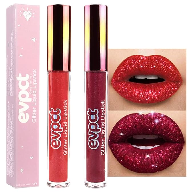 evpct 2Pcs Red Glitter Metallic Shimmer Diamond Lipstick Lip Gloss Stain Set for Women Long Lasting Waterproof, Dark Hot Bright Red Sparkle Glitter Matte long wear Liquid Lipstick Lip Makeup Kit-Velvo Beauty