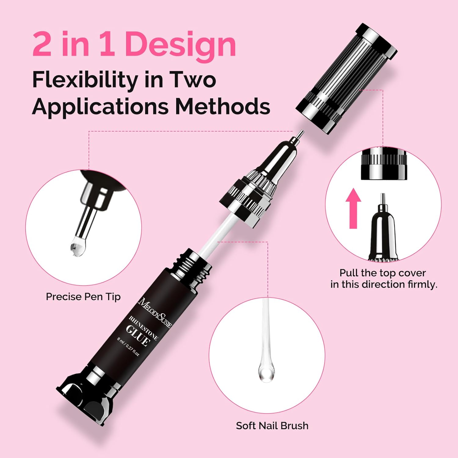 MelodySusie 2Pcs Nail Rhinestone Glue, 3D Gel Nail Art Design Strong Adhesive Nail Gem Glue with Brush Pinpoint Nail Charms Gems Jewelry Decoration DIY Manicured at Home Cured Need-Velvo Beauty