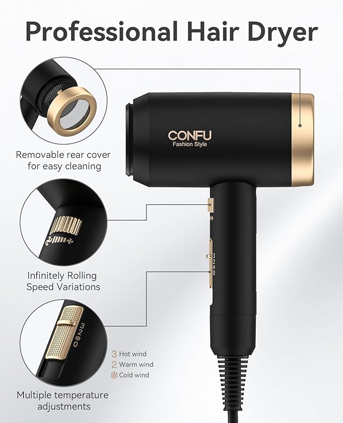 Hair Dryer, CONFU Blow Dryer with Diffuser, 21000PRM Professional Hairdryer, Portable Lightweight Fast Drying Negative Ionic Blow Dryer, Hair Diffuser for Curly Hair for Home Travel-Velvo Beauty