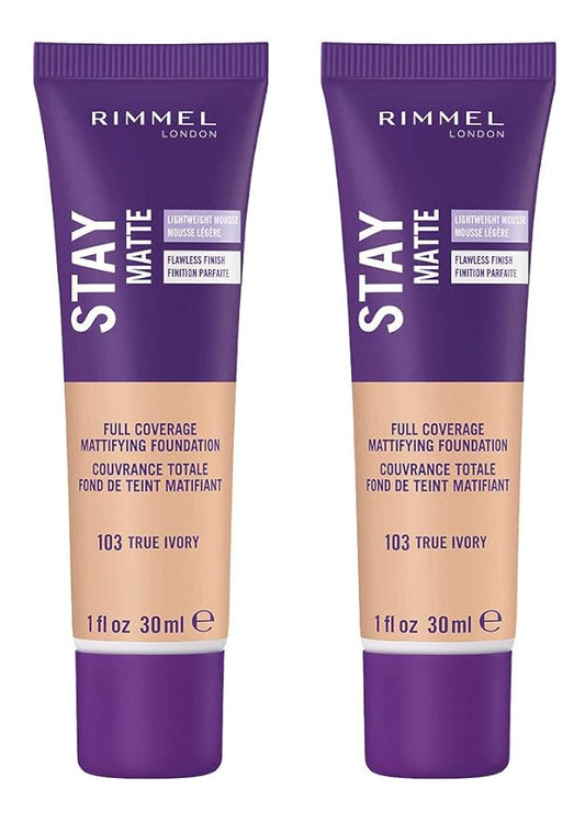 Rimmel Stay Matte Liquid Foundation, True Ivory, 1 Fl Oz, 2 Count (Pack of 1)-Velvo Beauty