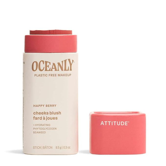 ATTITUDE Oceanly Lightweight Blush Stick, Titanium Dioxide-Free, EWG Verified, Plastic-Free, Vegan & Cruelty-free Makeup, Happy Berry, 0.3 Ounces-Velvo Beauty