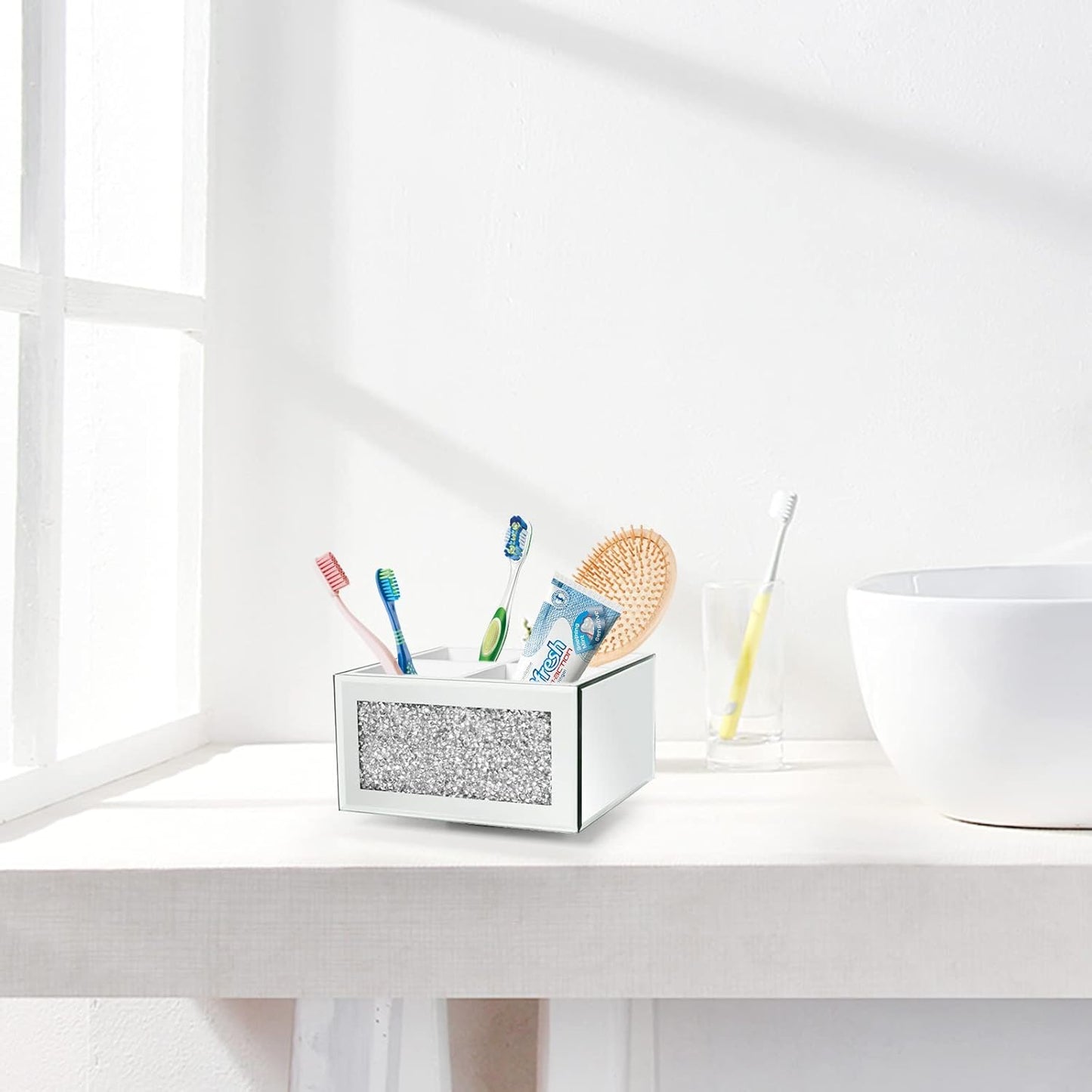 SWTHONY 360 Rotating Makeup Brush Holder Organizer, Silver Bling 4 Slot Crushed Diamond Glass Mirrored Cosmetic Brushes Storage, Eyeliners Eyebrow Pencil Display Case-Velvo Beauty