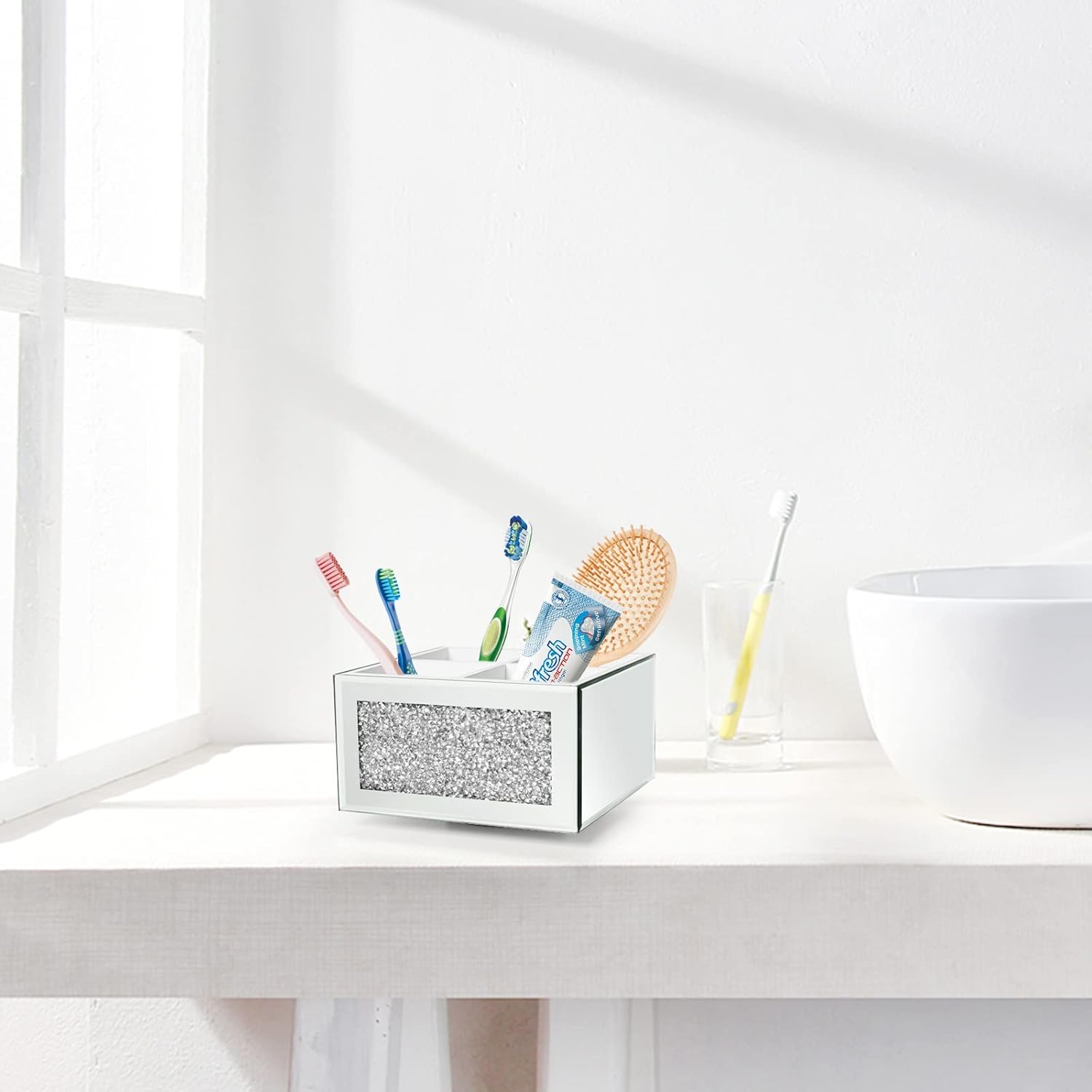 SWTHONY 360 Rotating Makeup Brush Holder Organizer, Silver Bling 4 Slot Crushed Diamond Glass Mirrored Cosmetic Brushes Storage, Eyeliners Eyebrow Pencil Display Case-Velvo Beauty