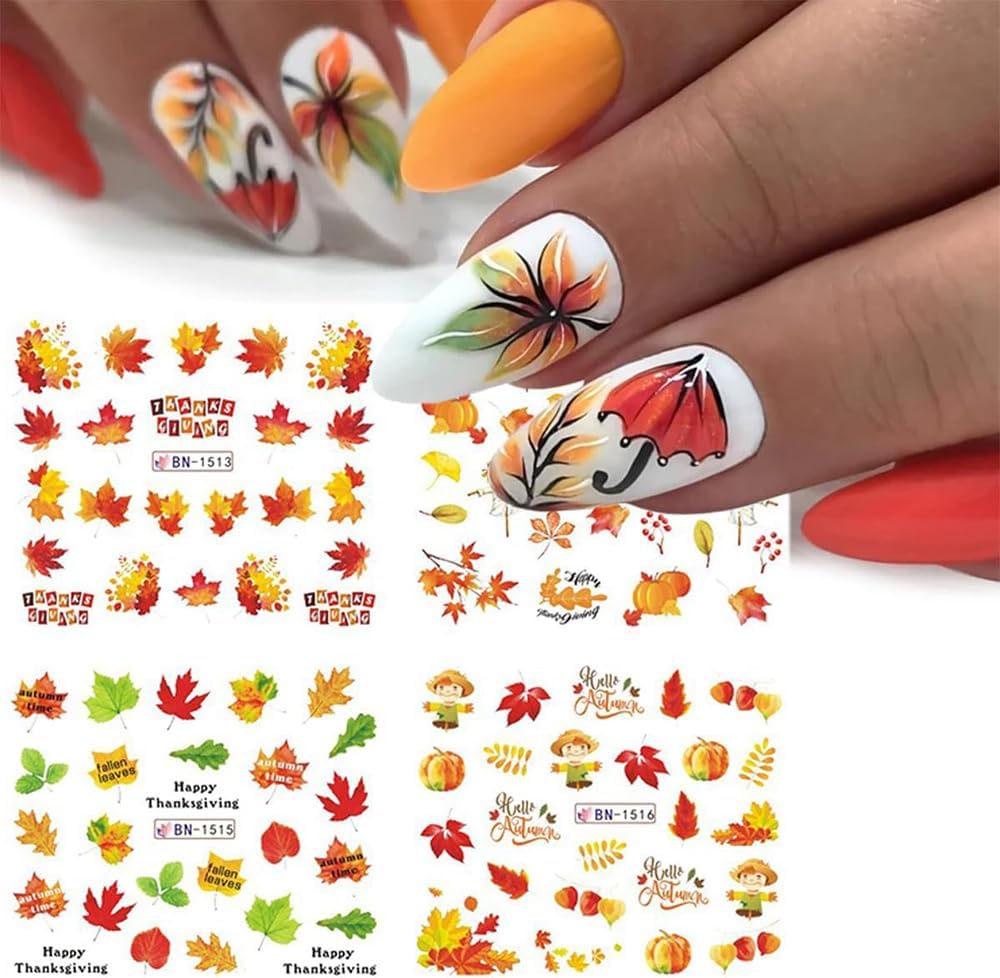 12 Sheets Fall Maple Leaf Nail Art Stickers Autumn Water Transfer Nail Decals Thanksgiving Day Nail Art Supplies Turkey Pumpkin Leaves Scarecrow Nail Design Slider Stickers for Women Nail Decorations-Velvo Beauty