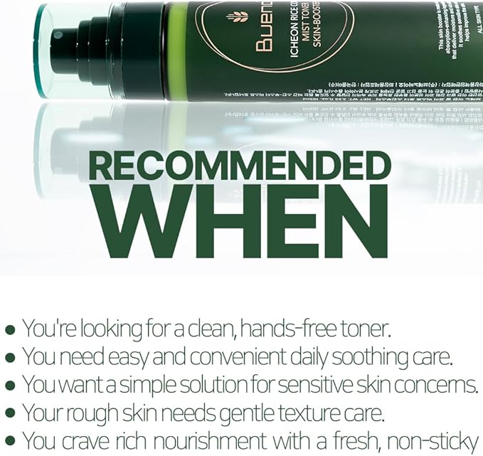 Bueno Icheon Rice Core Mist Toner, 3.55 fl.oz | Spray Toner with Icheon Rice Amino Acids for Soothing & Hydration | 100% Vegan Formula, Korean Skin Care-Velvo Beauty