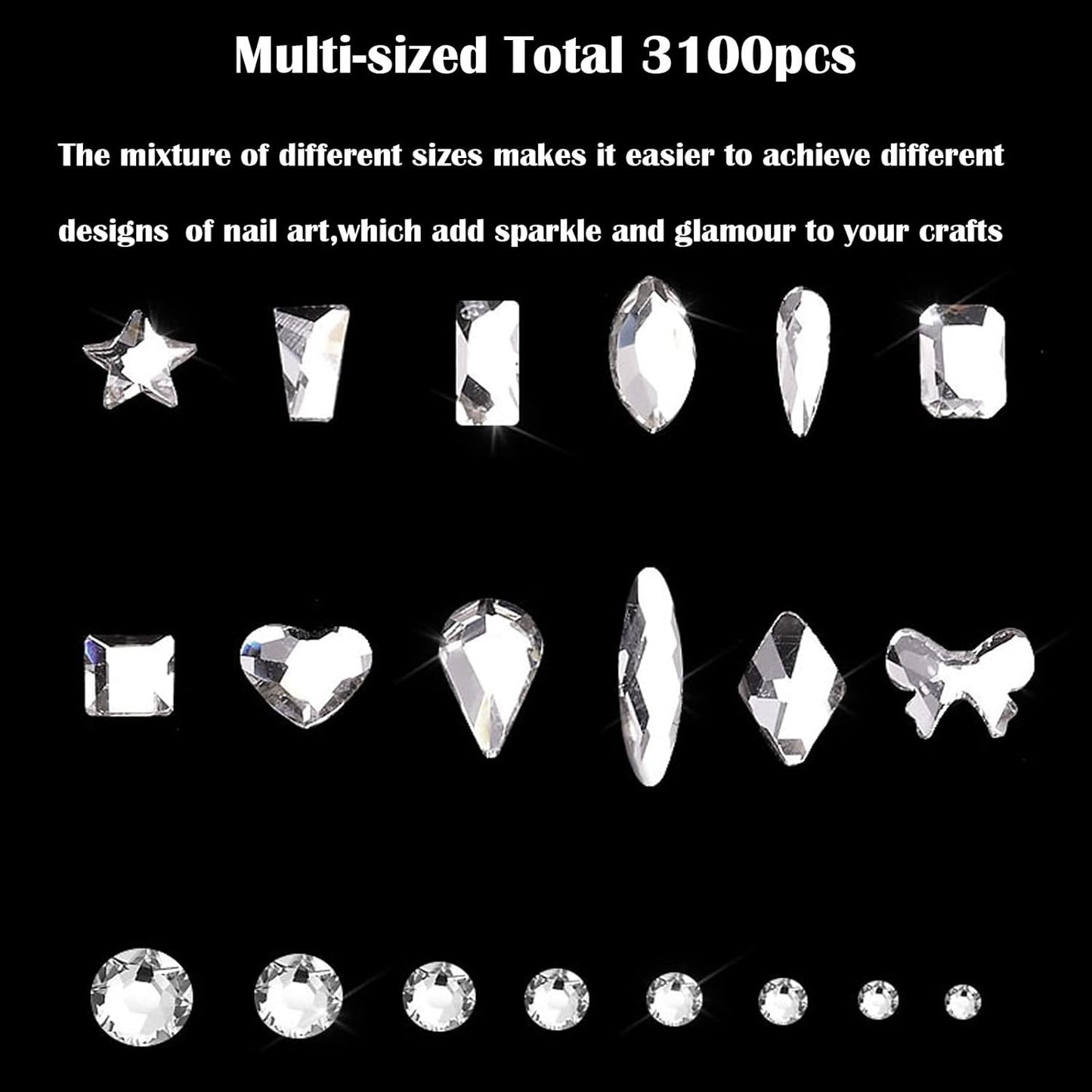 Nail Rhinestones Kit, Nail Art Decorations with Wax Pencil Flat AB Rhinestones Kit DIY Crafts Gemstones for Nail, Shoes, Clothes, Jewels (600 Black Diamonds + 2500 Flat Rhinestones)-Velvo Beauty
