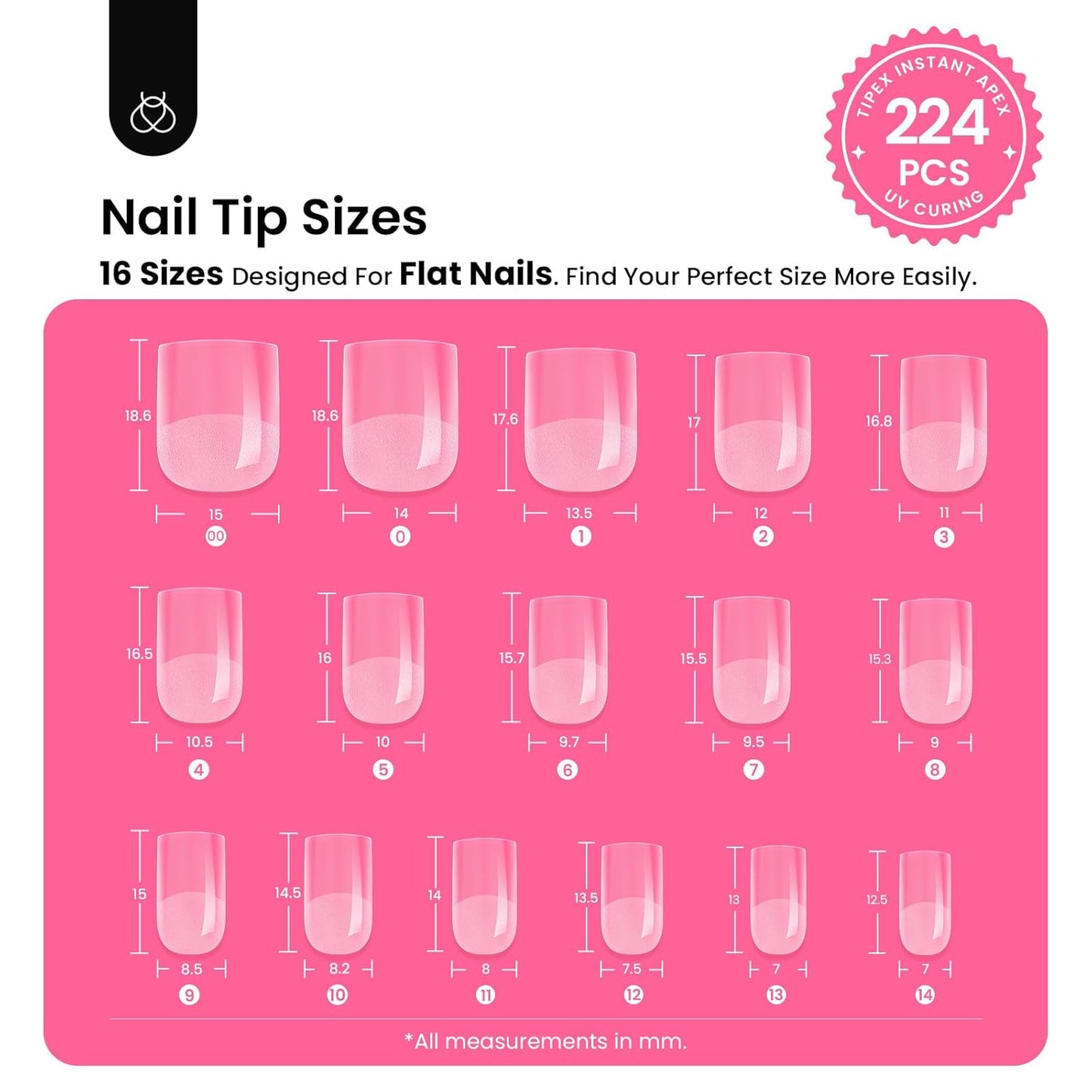Beetles Tipex Gel Nail Kit Extra Short Square: 16 Sizes Instant Apex Nail Tips, 224 Pcs Pre-Building False Nail Tips with Tipex Nail Glue, Mini Nail Lamp-Thick Acrylic Nail Set-Velvo Beauty