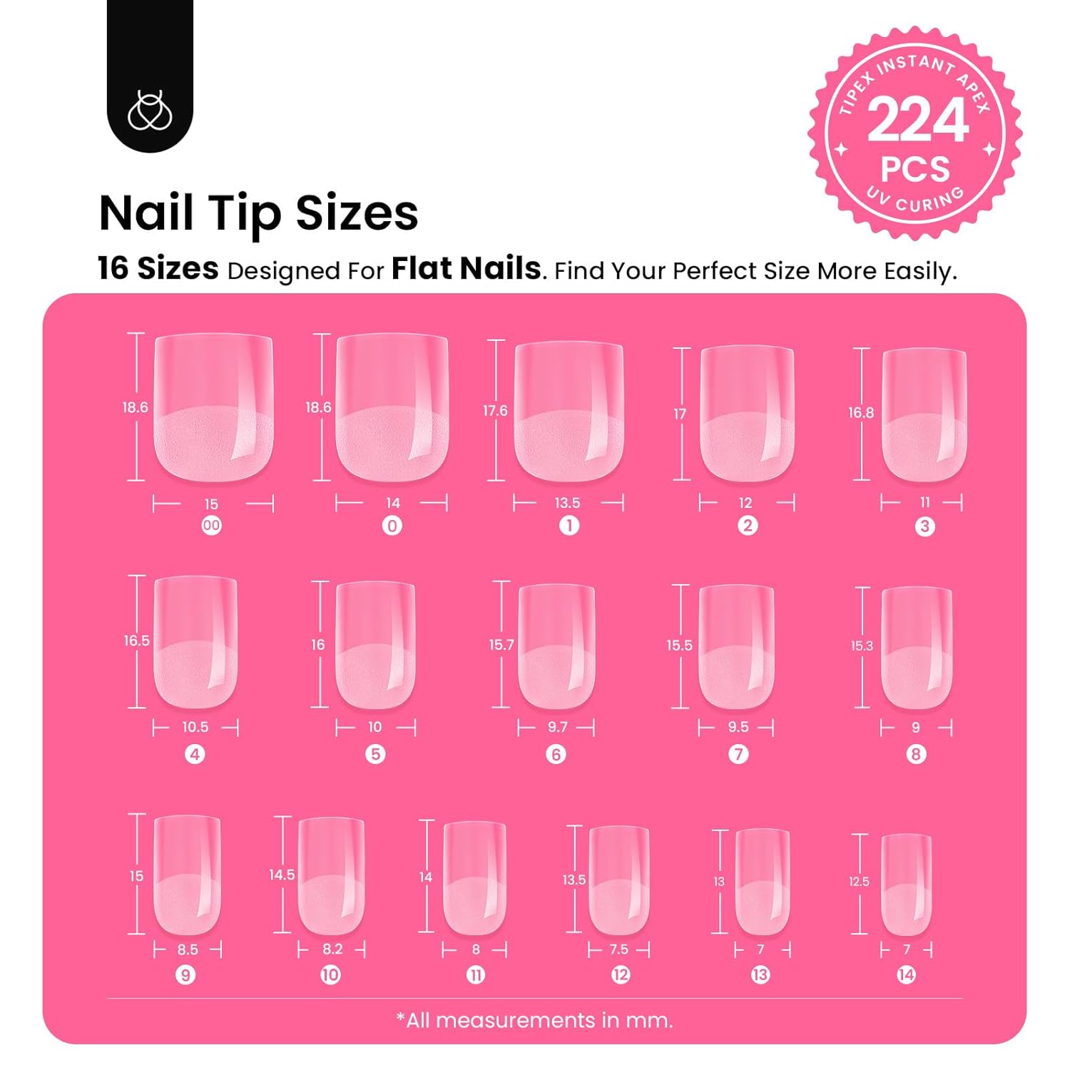 Beetles Tipex Gel Nail Kit Extra Short Square: 16 Sizes Instant Apex Nail Tips, 224 Pcs Pre-Building False Nail Tips with Tipex Nail Glue, Mini Nail Lamp-Thick Acrylic Nail Set-Velvo Beauty