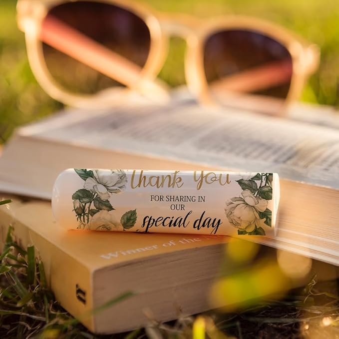 OLYCRAFT 100Pcs Self-Adhesive Lip Balm Tag Stickers 1.7x2.1 inch Waterproof Adhesive Stickers with White Rose Flower Lipstick Tag Sticker for Lip Balm Container Tubes Lipstick Wrapping Decoration-Velvo Beauty