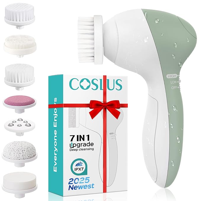 COSLUS Facial Cleansing Brush Silicone Face Scrubber: 7 in 1 FBS-D Electric Exfoliating Rotating Massage Device Waterproof Deep Cleaning Exfoliation Spa Machine - Electronic Skin Care Wash System-Velvo Beauty