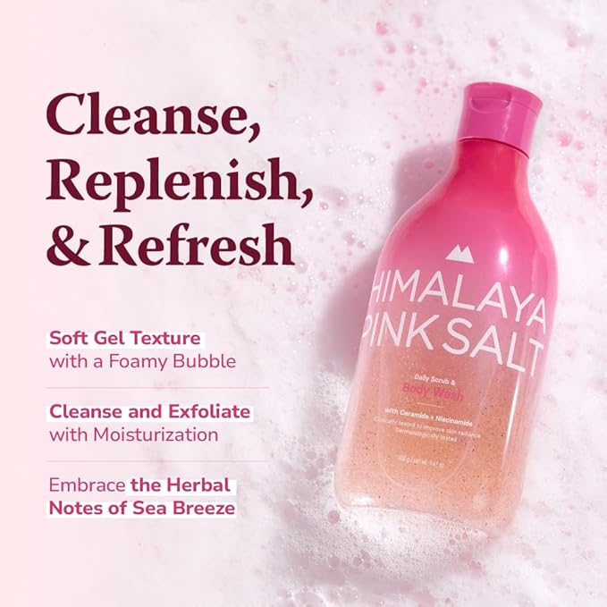 HIMALAYA PINKSALT Daily Scrub & Body Wash - Exfoliating Body Scrub, Dead Sea Salt & Himalayan Pink Salt, Natural Moisturizing Bodywash, Retinol & Hyaluronic Acid Shower Gel, Korean Skincare 14.1oz-Velvo Beauty