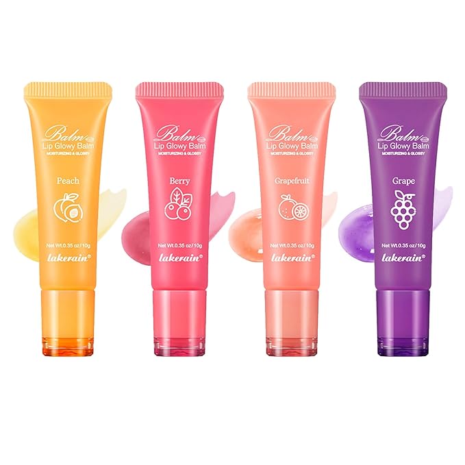 Lip Glowy Balm,4 Pack Fruit Glowy Lip Balm,Vitamin E Lip Glowy Balm Set Reduce Lip Lines, Enhance Lip Color,Moisturizing & Plump Quickly Replenishing Moisture and Relieving Dry Lips-Velvo Beauty