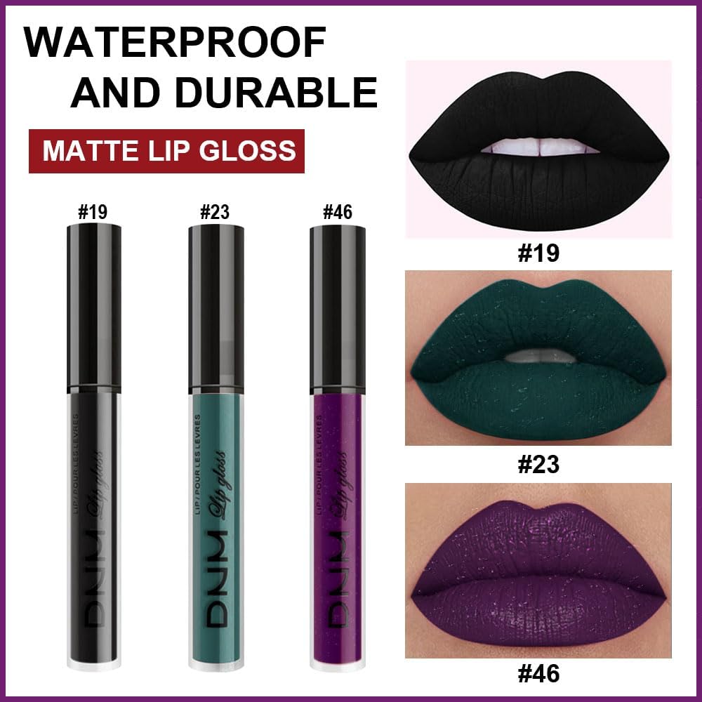 evpct 3Pcs Dark Black Green Purple Matte Liquid Lipstick Lip Stain Sets for Women Long Lasting Waterproof, 24 Hours Goth Lipstick labiales matte mate larga duracion listip 24 hours, 19#-Velvo Beauty