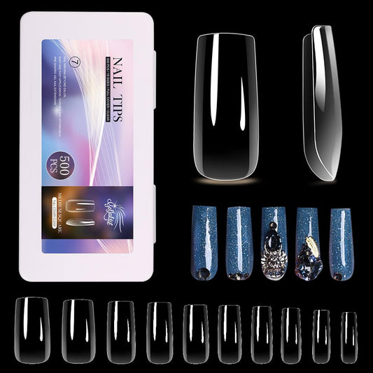 Medium Square Nail Tips 500PCS, Clear Acrylic Full Cover Gel Press on Nail Tips for DIY, 10 Sizes Pre-Shaped False Nails with Glossy Finish, Professional Manicure Kit & Easy Application-Velvo Beauty