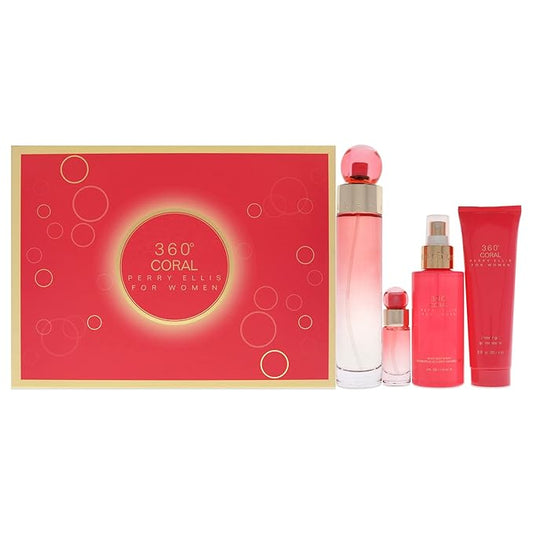 Perry Ellis 360 Coral 3.4oz EDP Spray, 4oz Body Mist, 3oz Shower Gel, 0.25oz EDP Spray Women 4 Pc Gift Set-Velvo Beauty